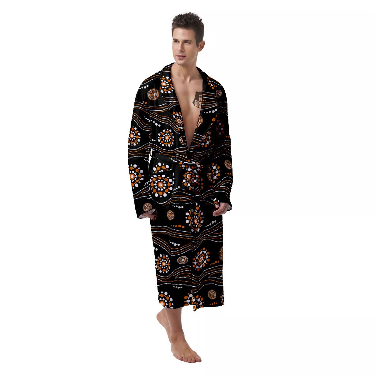 Aboriginal Orange And White Dot Print Pattern Men's Robe-grizzshop