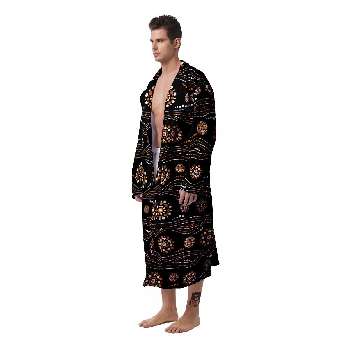 Aboriginal Orange And White Dot Print Pattern Men's Robe-grizzshop