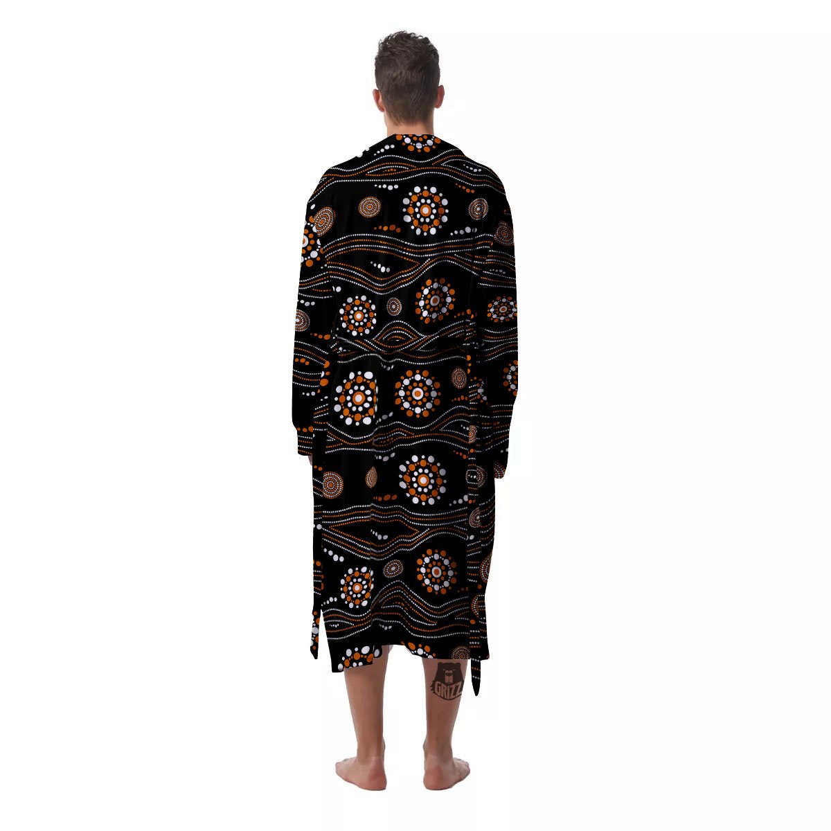 Aboriginal Orange And White Dot Print Pattern Men's Robe-grizzshop