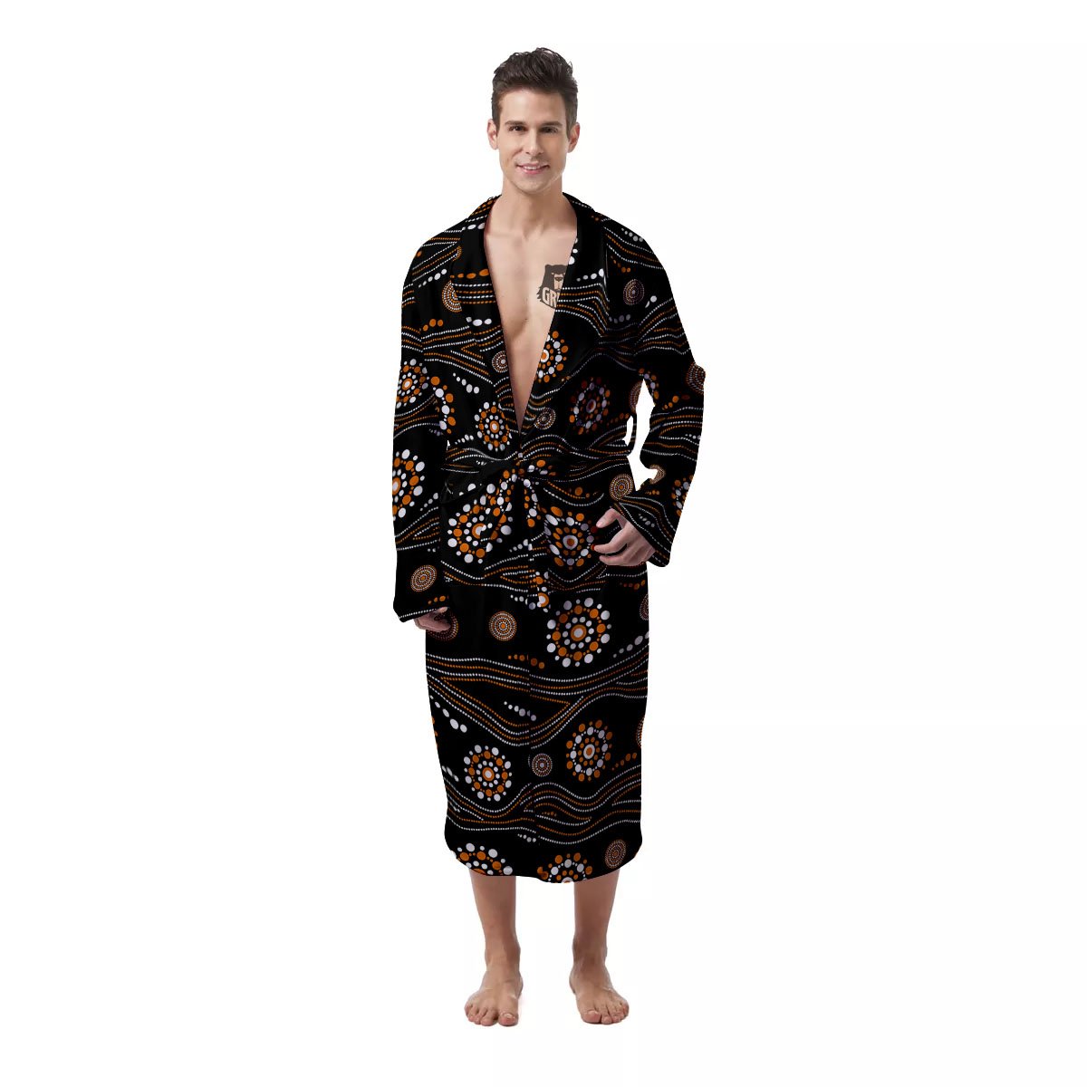 Aboriginal Orange And White Dot Print Pattern Men's Robe-grizzshop