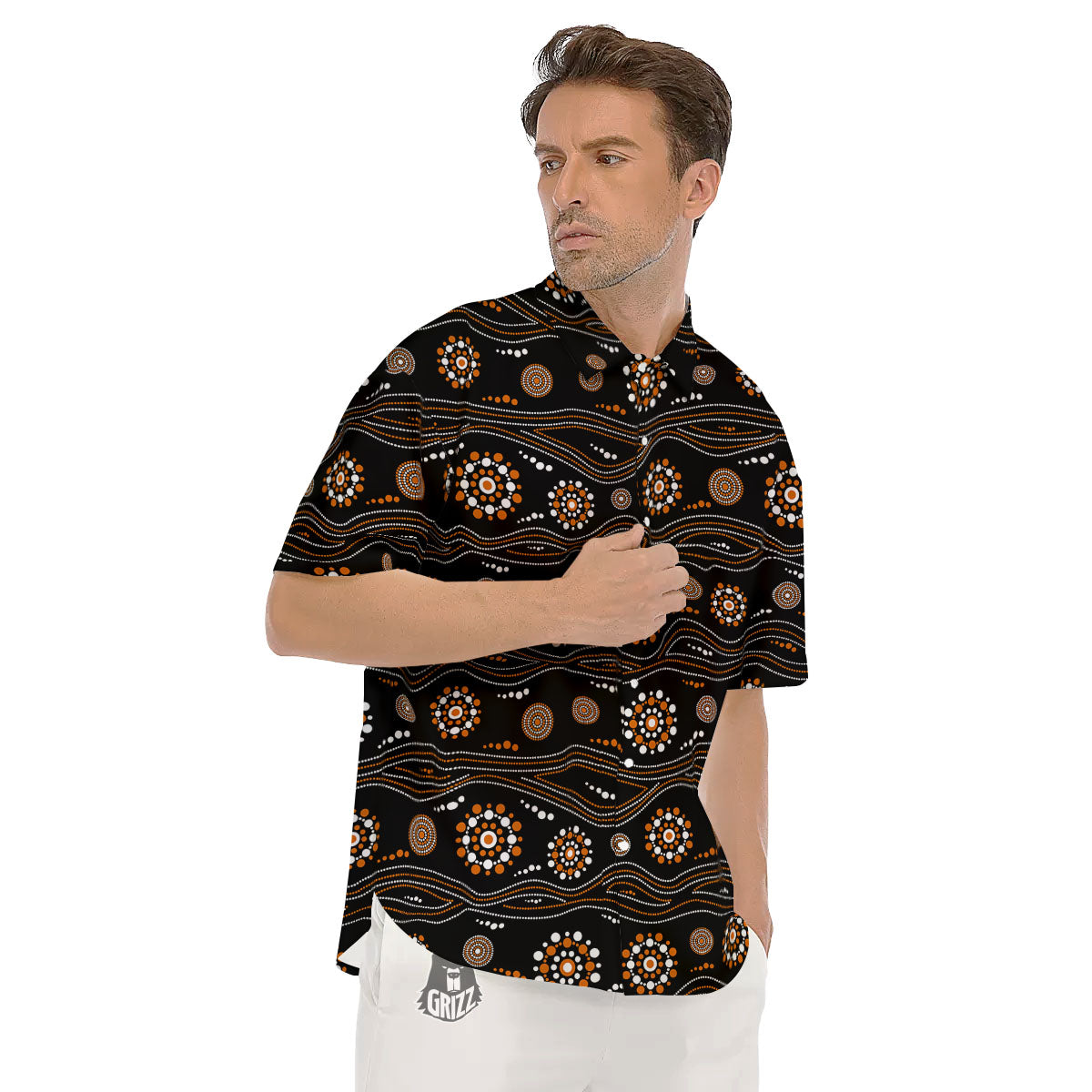 Aboriginal Orange And White Dot Print Pattern Men's Short Sleeve Shirts-grizzshop