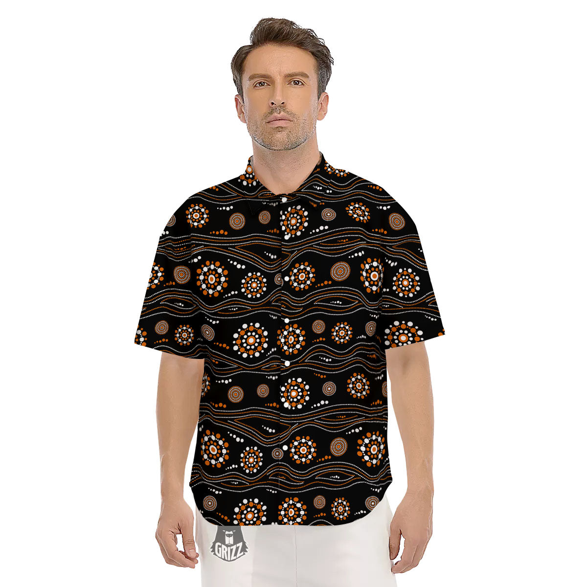 Aboriginal Orange And White Dot Print Pattern Men's Short Sleeve Shirts-grizzshop