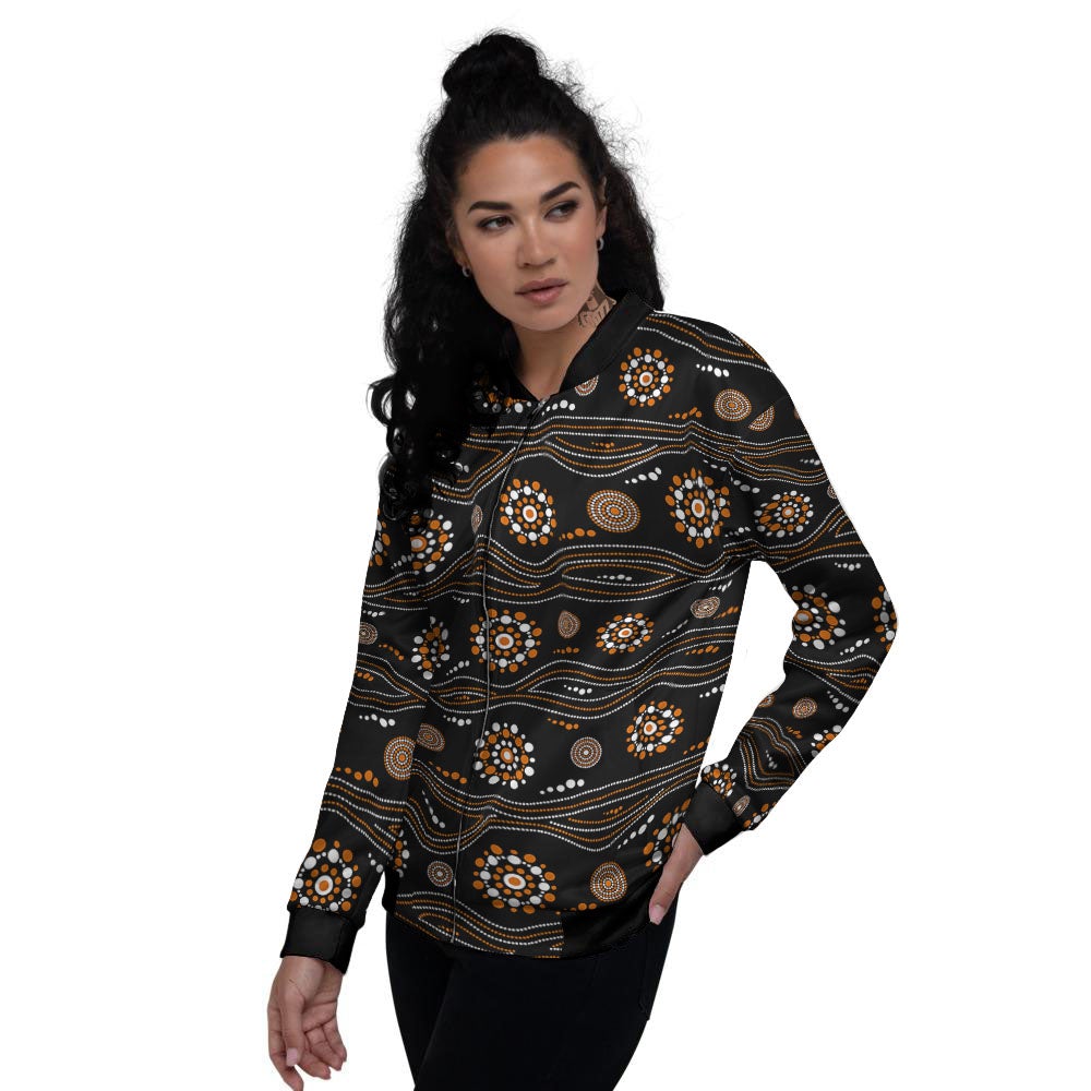 Aboriginal Orange And White Dot Print Pattern Women's Bomber Jacket-grizzshop