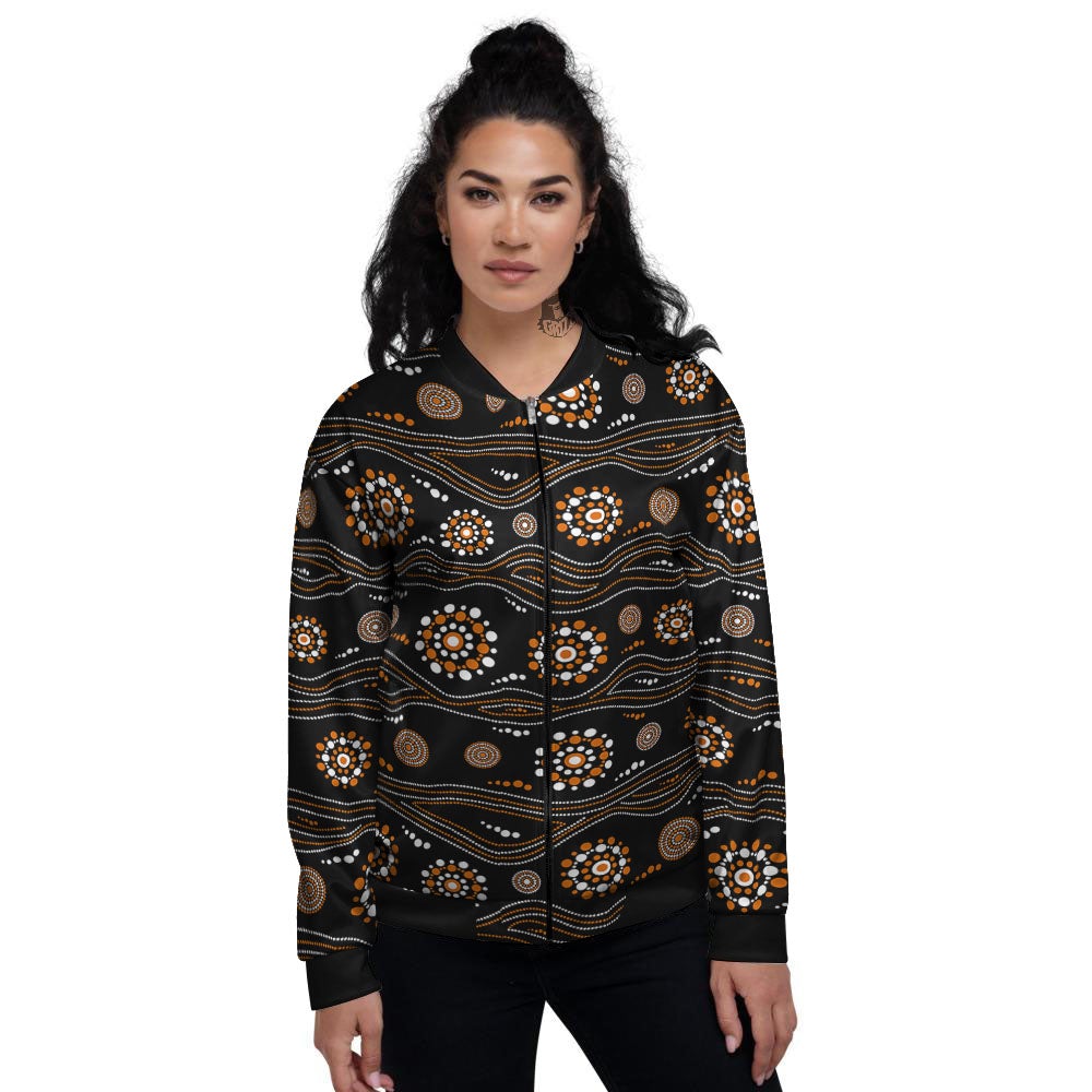 Aboriginal Orange And White Dot Print Pattern Women's Bomber Jacket-grizzshop