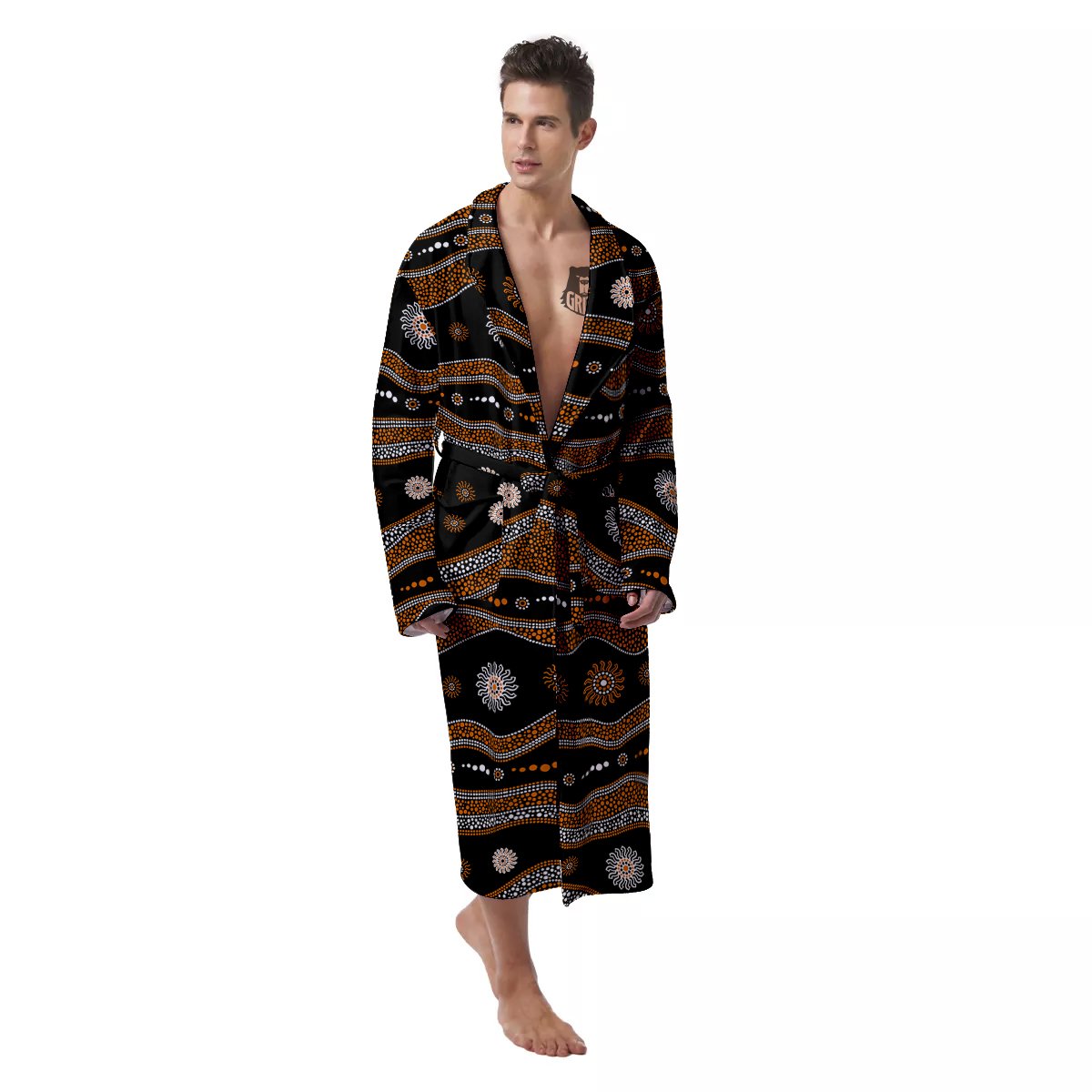 Aboriginal Orange And White Art Print Pattern Men's Robe-grizzshop