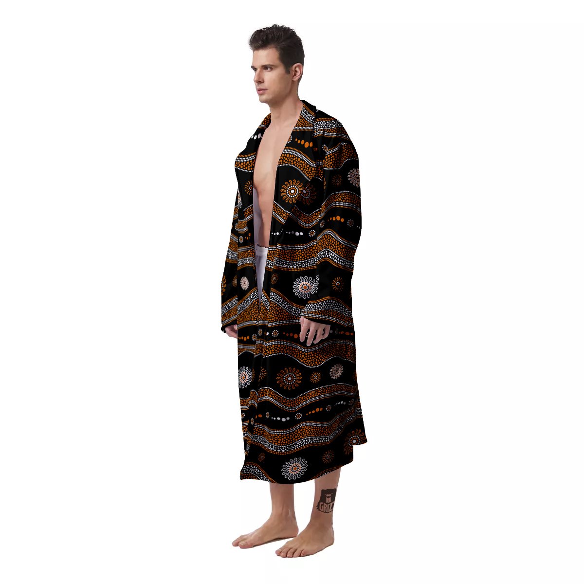 Aboriginal Orange And White Art Print Pattern Men's Robe-grizzshop