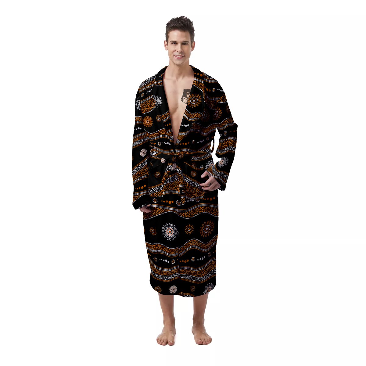 Aboriginal Orange And White Art Print Pattern Men's Robe-grizzshop