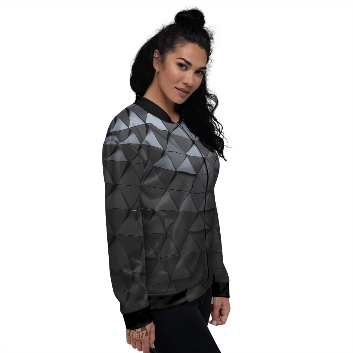 Abstract 3D Geometric Triangle Print Women's Bomber Jacket-grizzshop