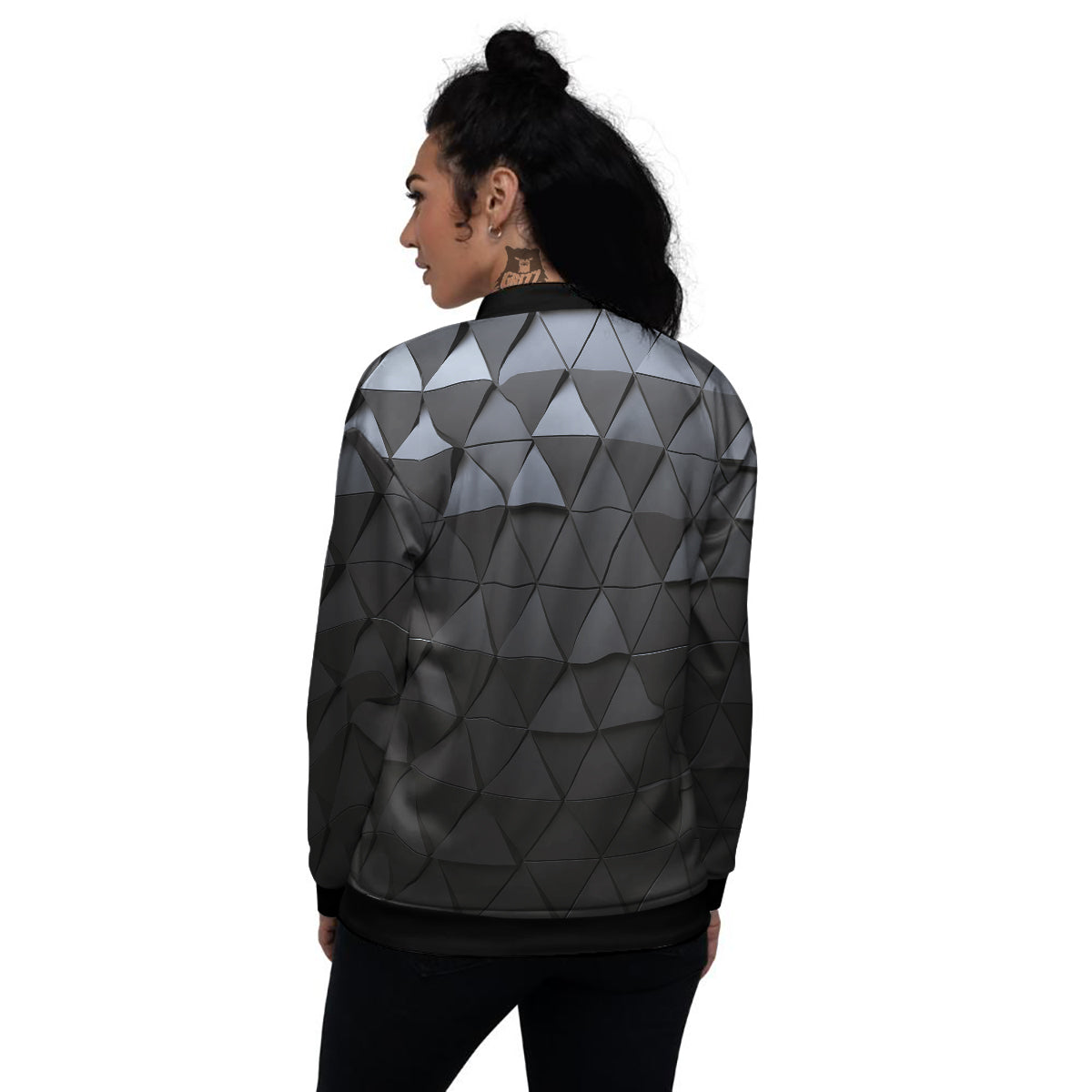 Abstract 3D Geometric Triangle Print Women's Bomber Jacket-grizzshop