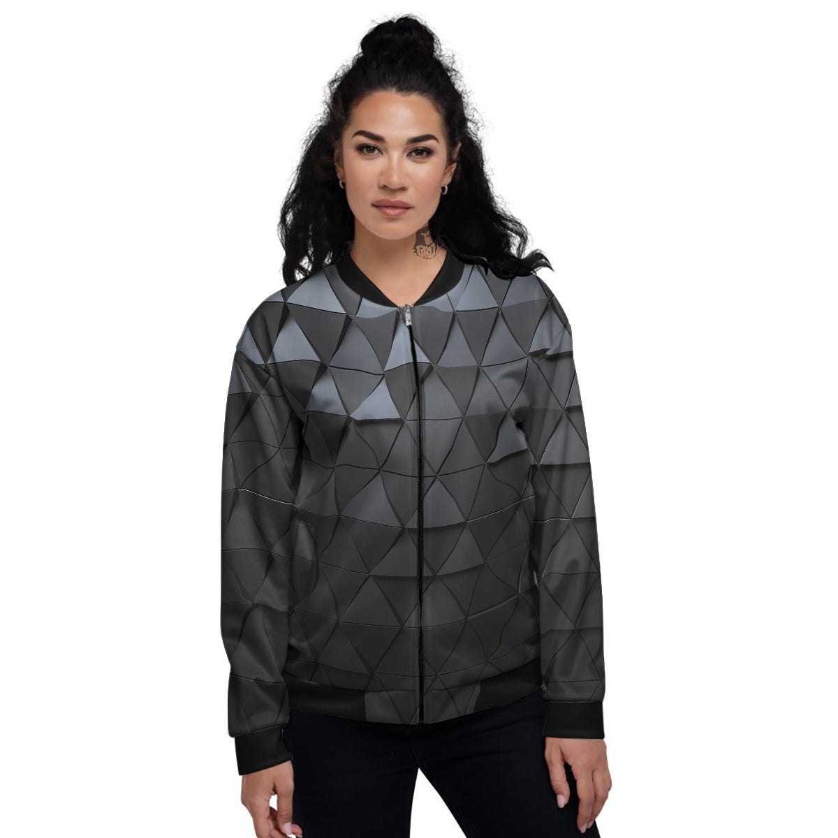 Abstract 3D Geometric Triangle Print Women's Bomber Jacket-grizzshop