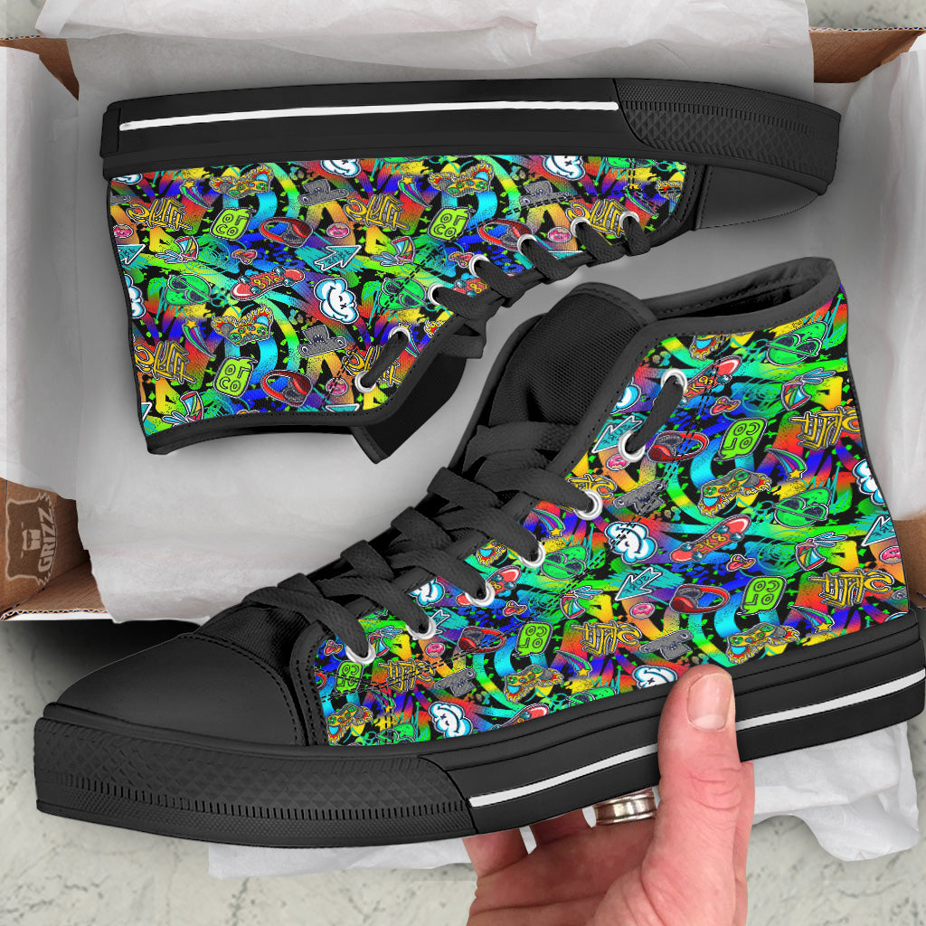 Abstract Alien Graffiti Text Print Pattern Black High Top Shoes-grizzshop