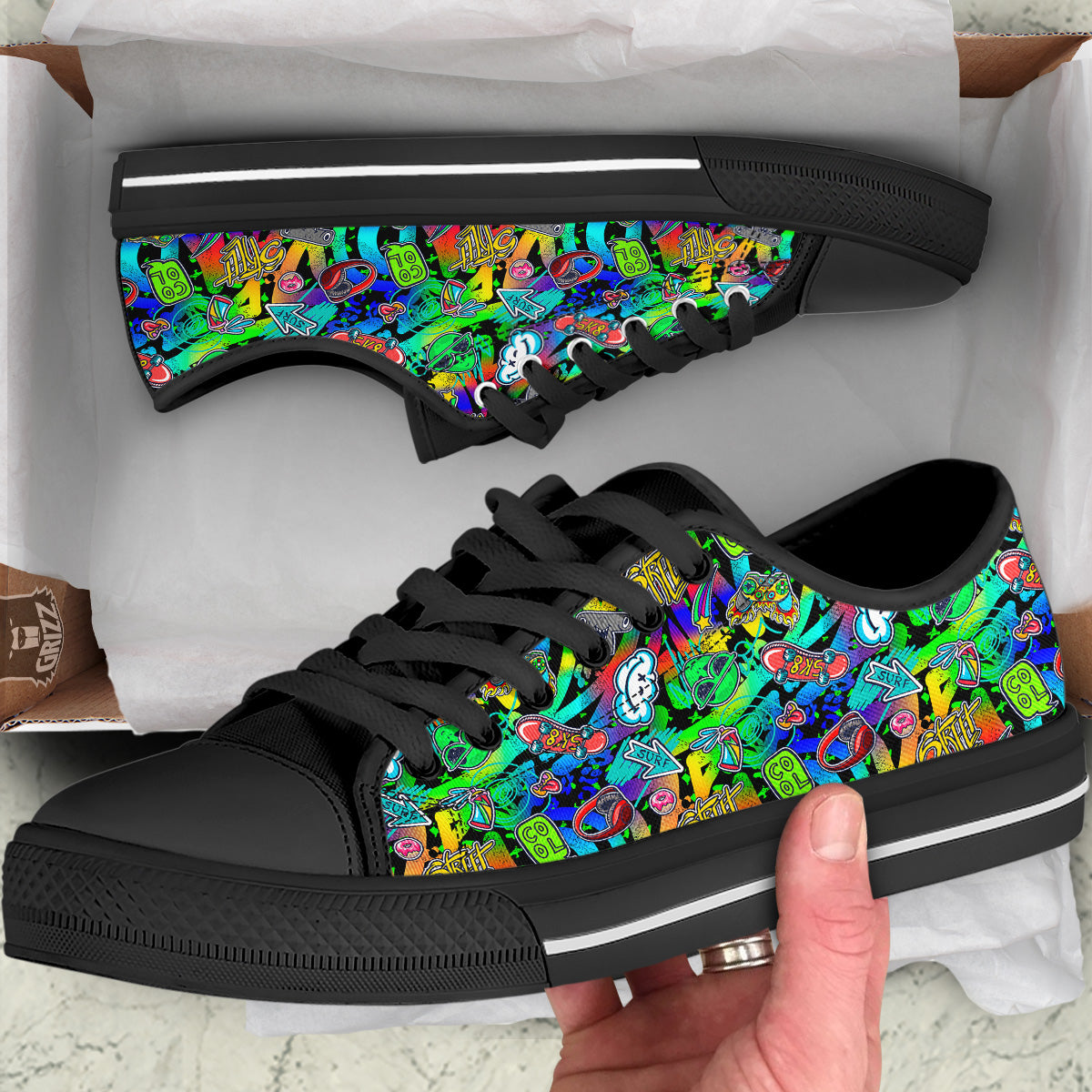 Abstract Alien Graffiti Text Print Pattern Black Low Top Shoes-grizzshop