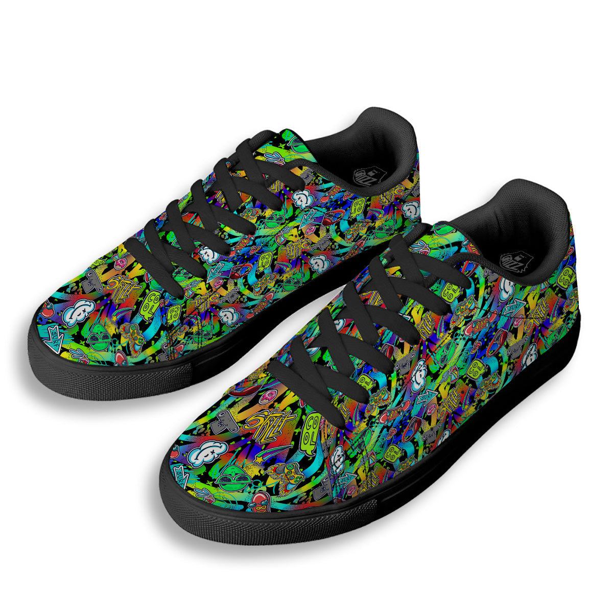 Abstract Alien Graffiti Text Print Pattern Black Low Top Sneakers-grizzshop