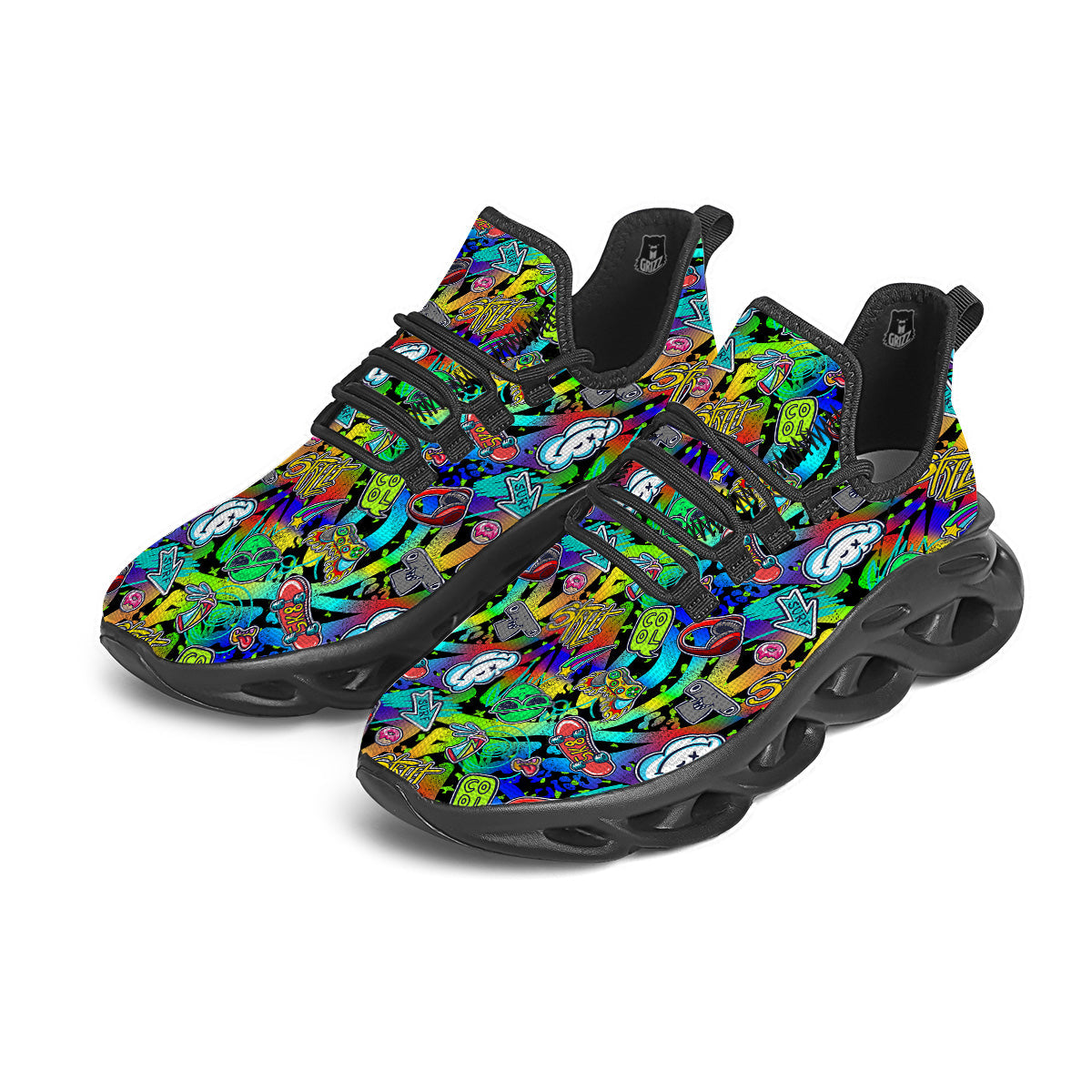 Abstract Alien Graffiti Text Print Pattern Black Running Shoes-grizzshop