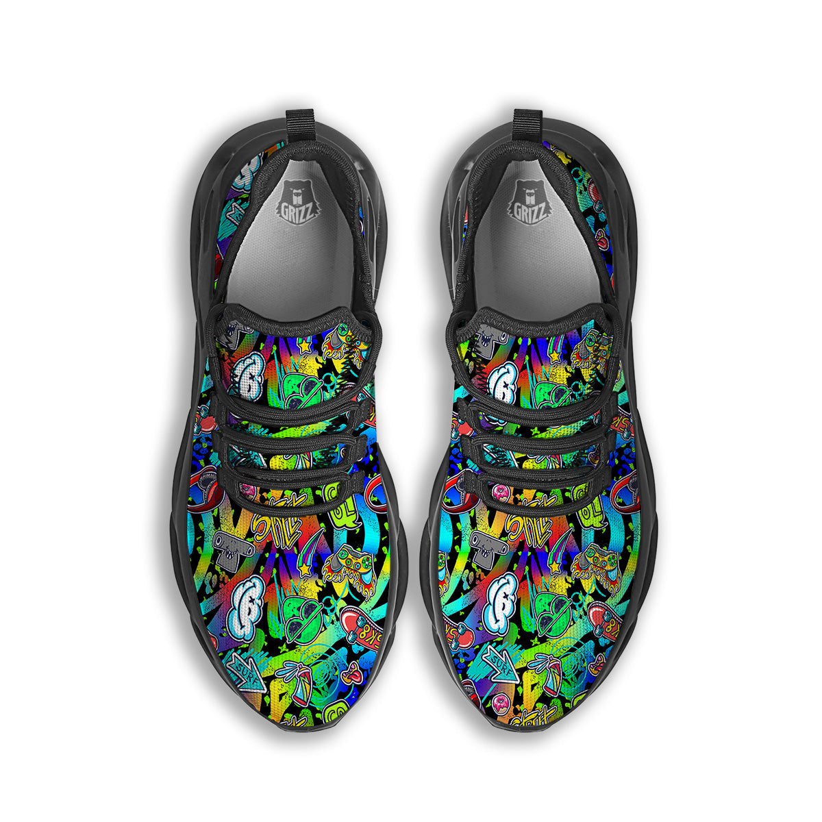 Abstract Alien Graffiti Text Print Pattern Black Running Shoes-grizzshop