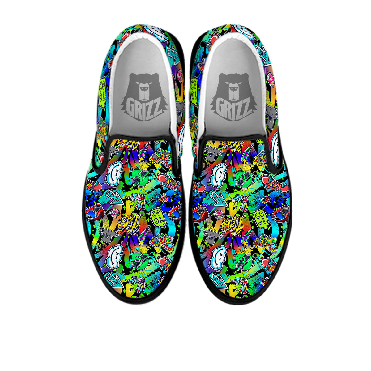 Abstract Alien Graffiti Text Print Pattern Black Slip On Shoes-grizzshop