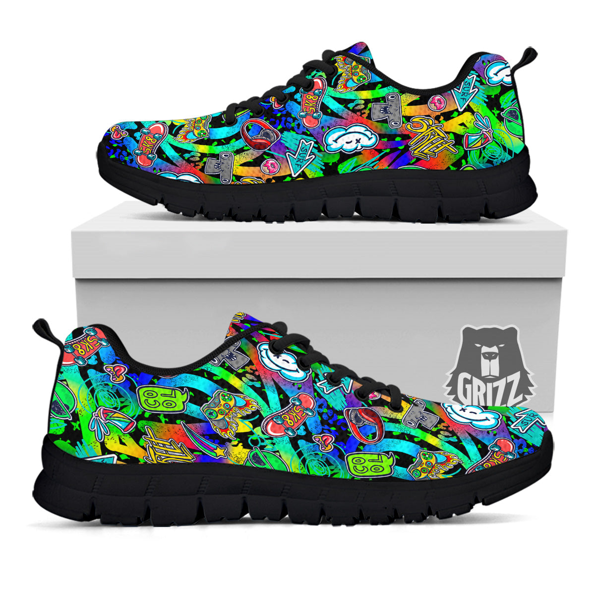 Abstract Alien Graffiti Text Print Pattern Black Sneaker-grizzshop