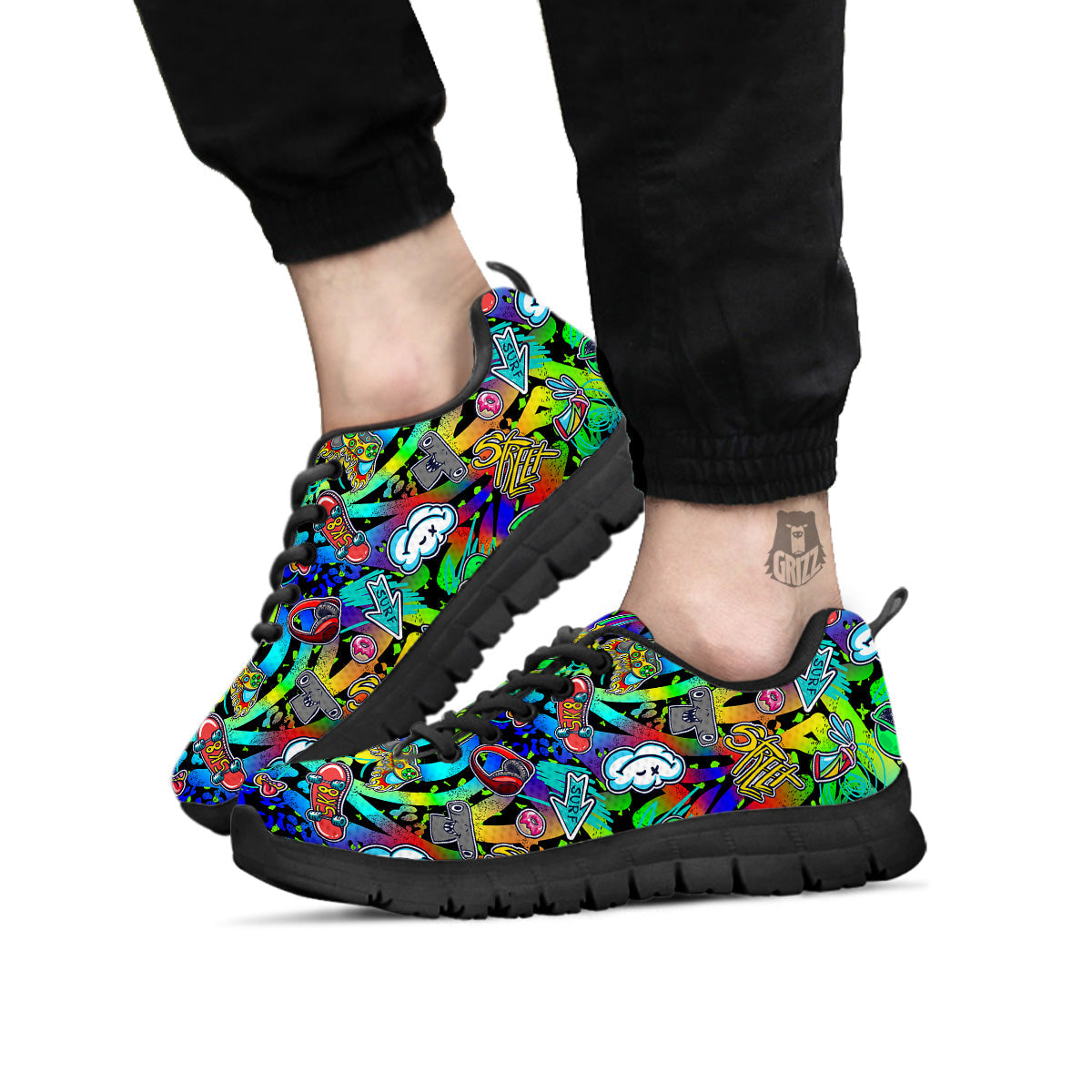 Abstract Alien Graffiti Text Print Pattern Black Sneaker-grizzshop