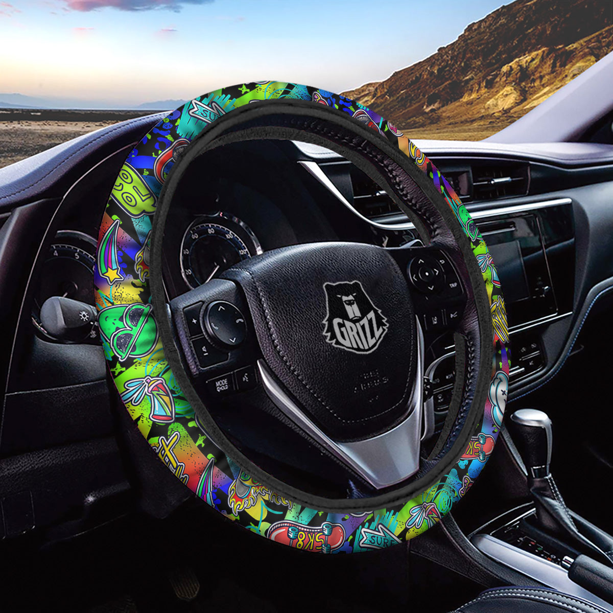 Abstract Alien Graffiti Text Print Pattern Car Steering Wheel Cover-grizzshop