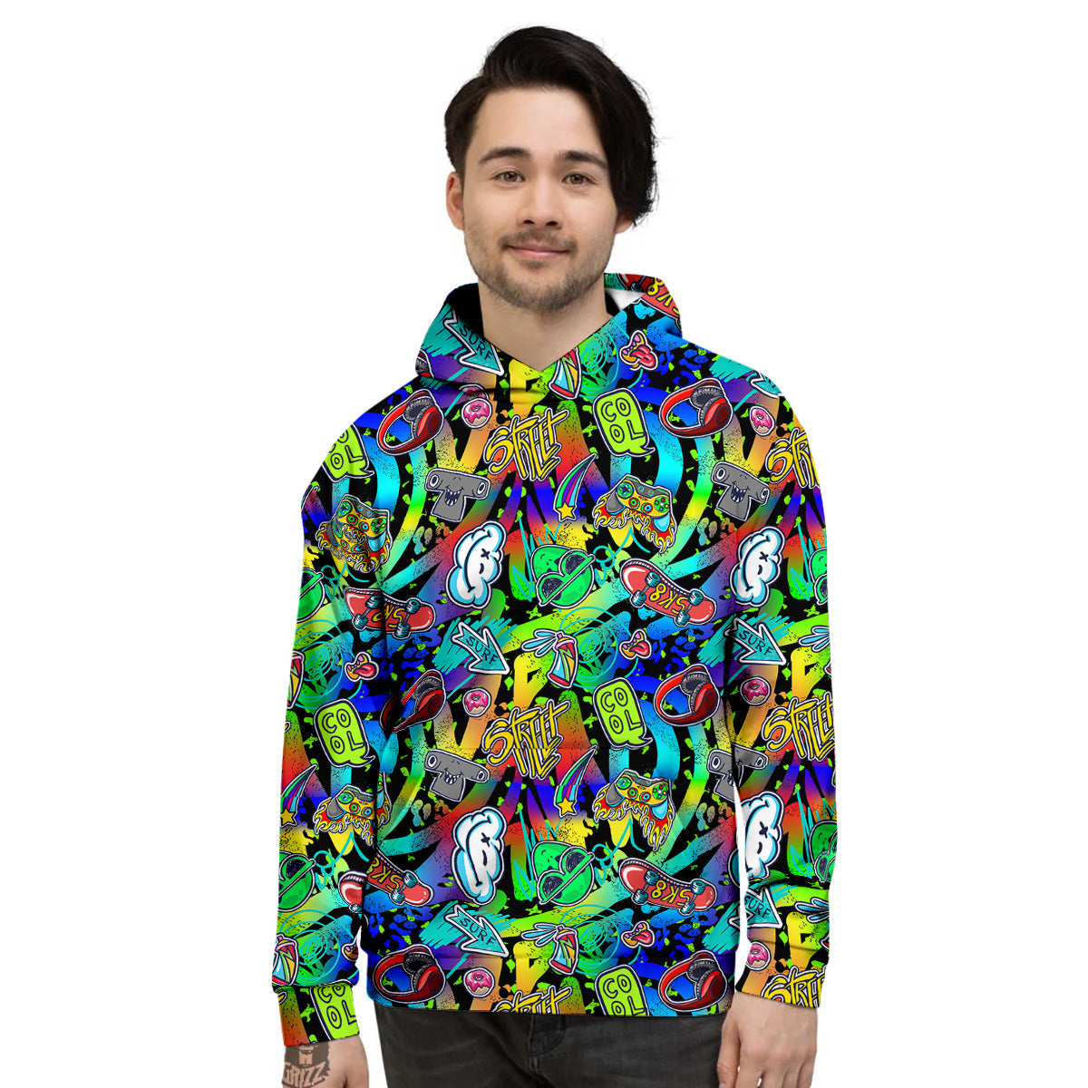 Abstract Alien Graffiti Text Print Pattern Men's Hoodie-grizzshop