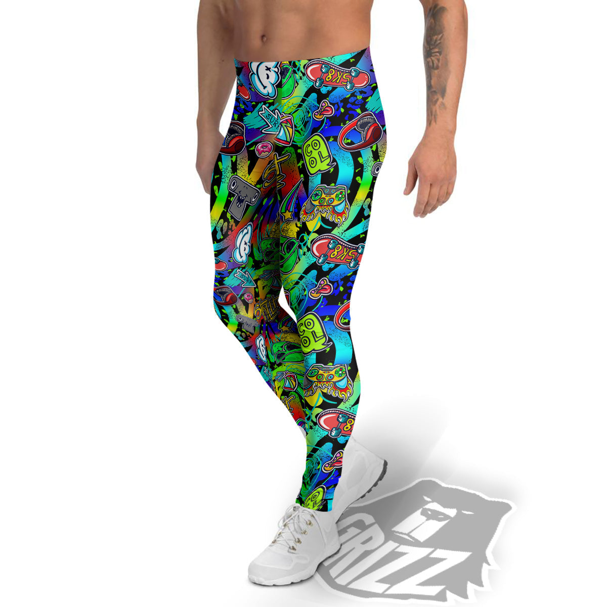 Abstract Alien Graffiti Text Print Pattern Men's Leggings-grizzshop