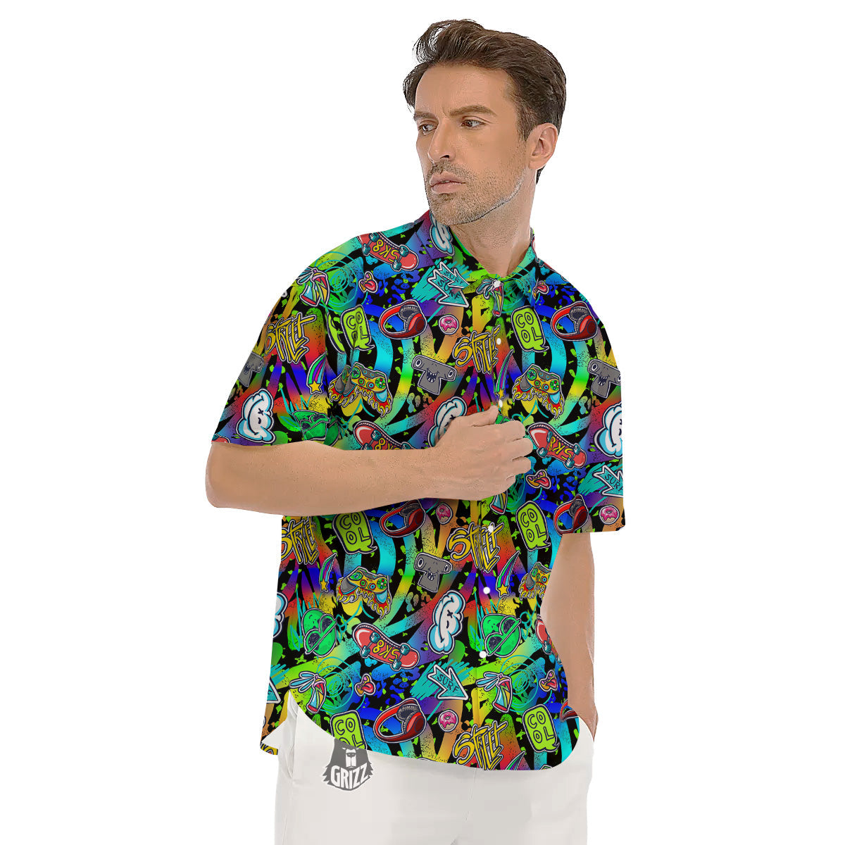 Abstract Alien Graffiti Text Print Pattern Men's Short Sleeve Shirts-grizzshop