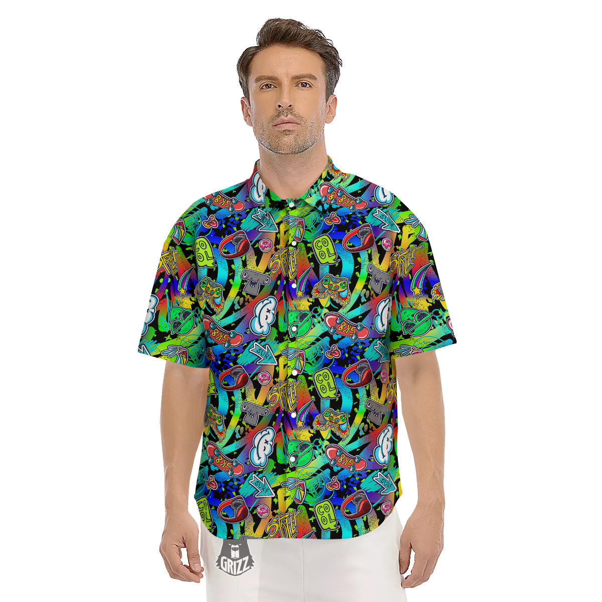 Abstract Alien Graffiti Text Print Pattern Men's Short Sleeve Shirts-grizzshop