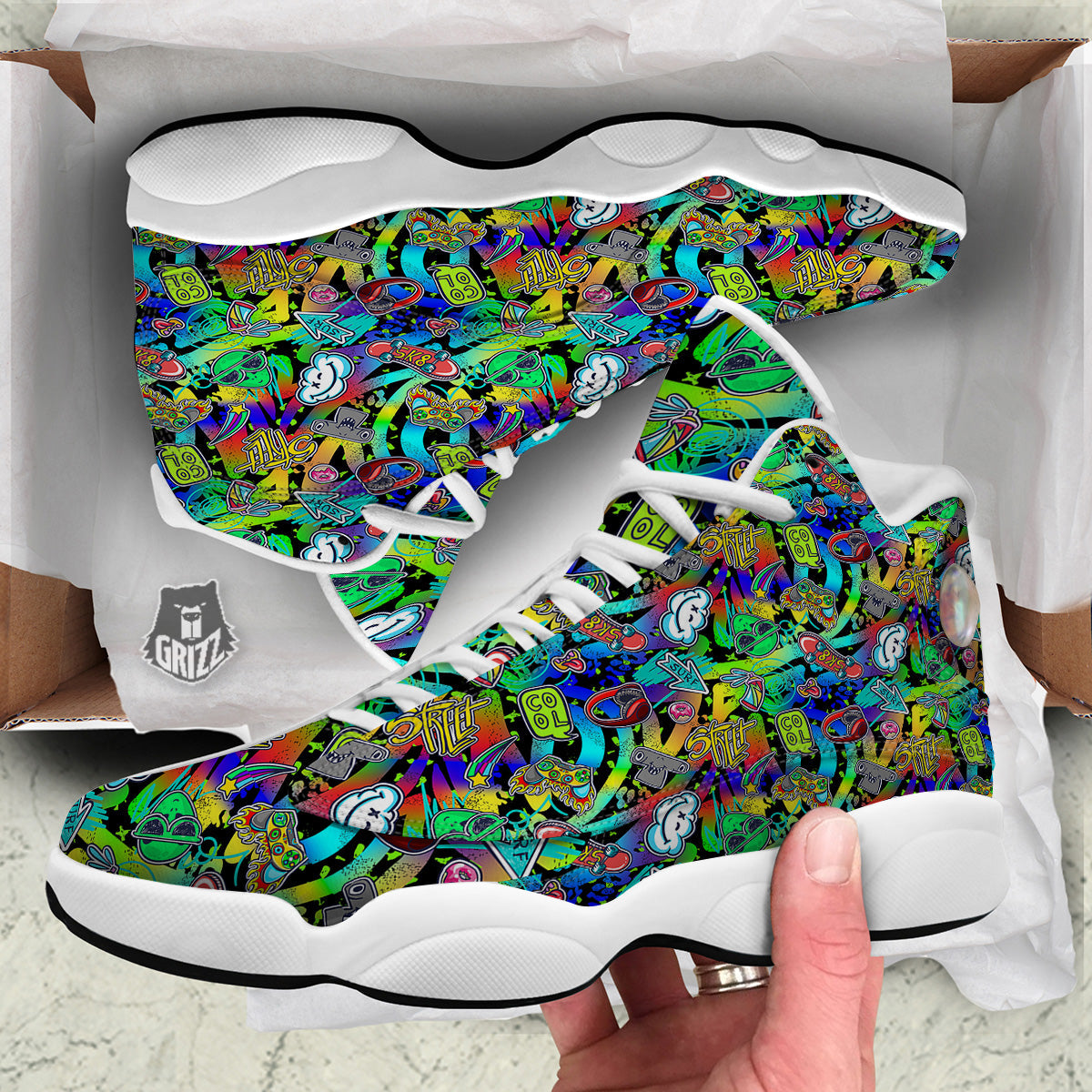 Abstract Alien Graffiti Text Print Pattern White Basketball Shoes-grizzshop
