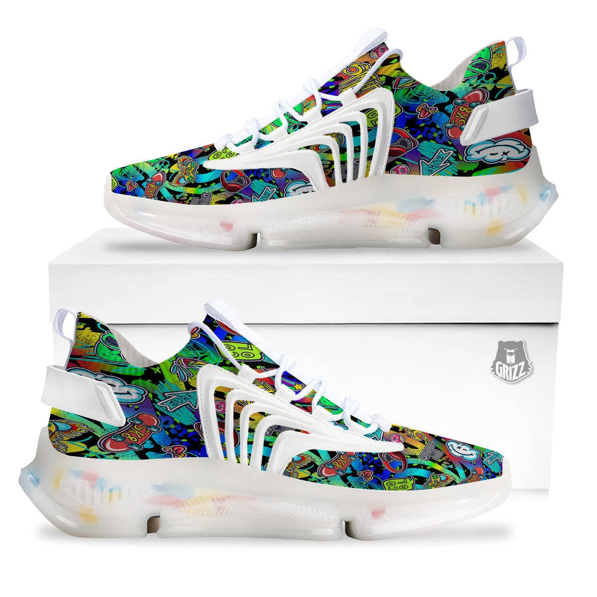 Abstract Alien Graffiti Text Print Pattern White Gym Shoes-grizzshop