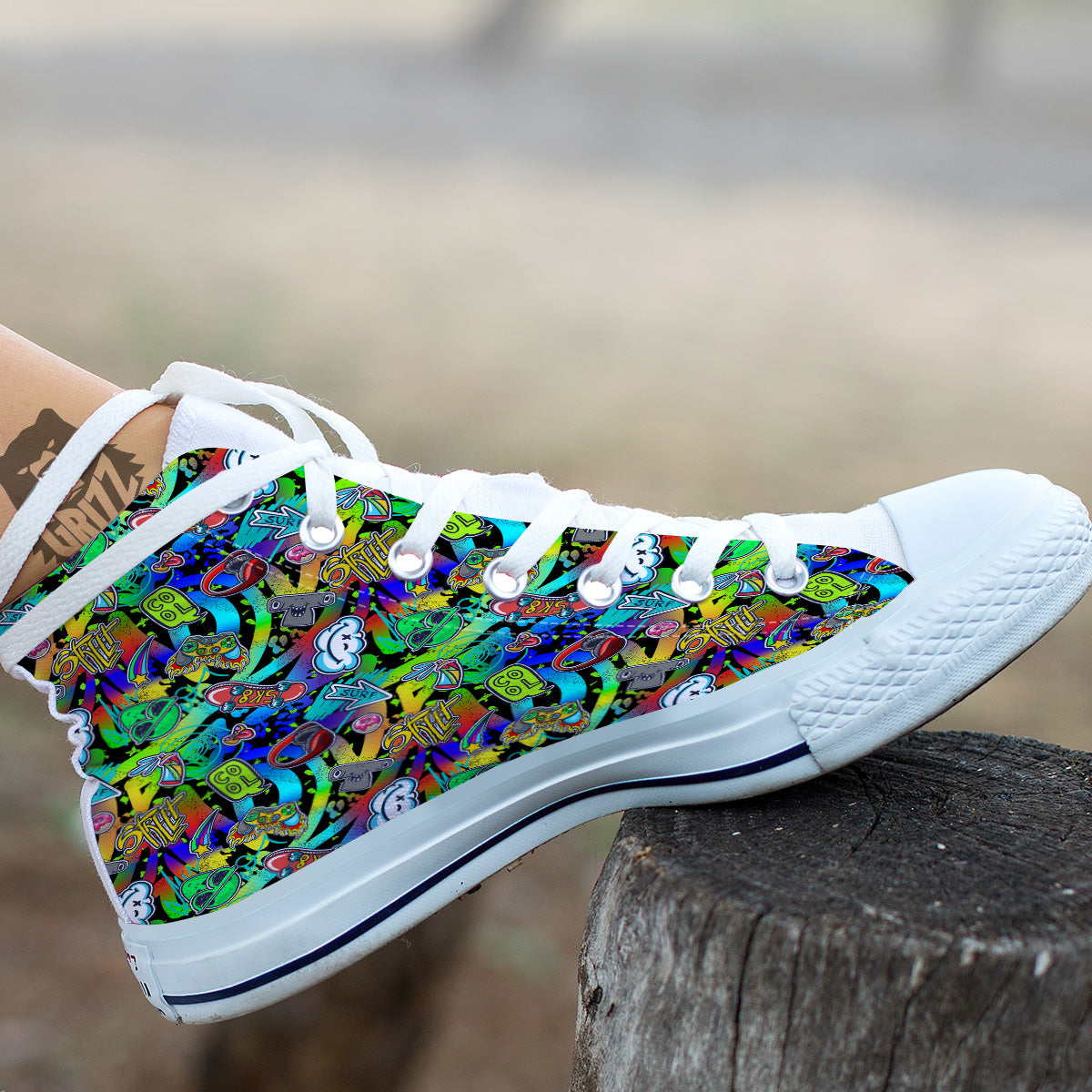 Abstract Alien Graffiti Text Print Pattern White High Top Shoes-grizzshop