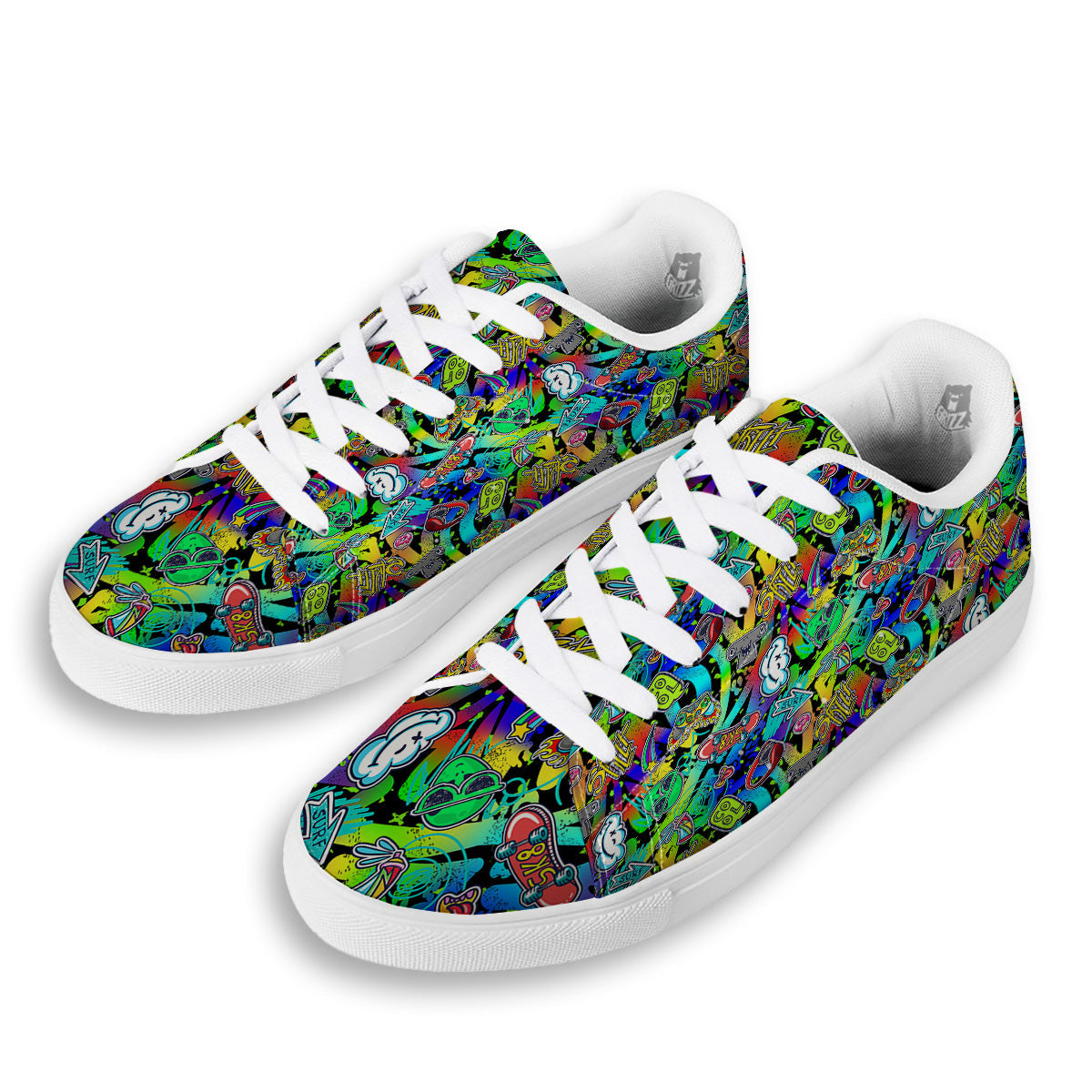 Abstract Alien Graffiti Text Print Pattern White Low Top Sneakers-grizzshop