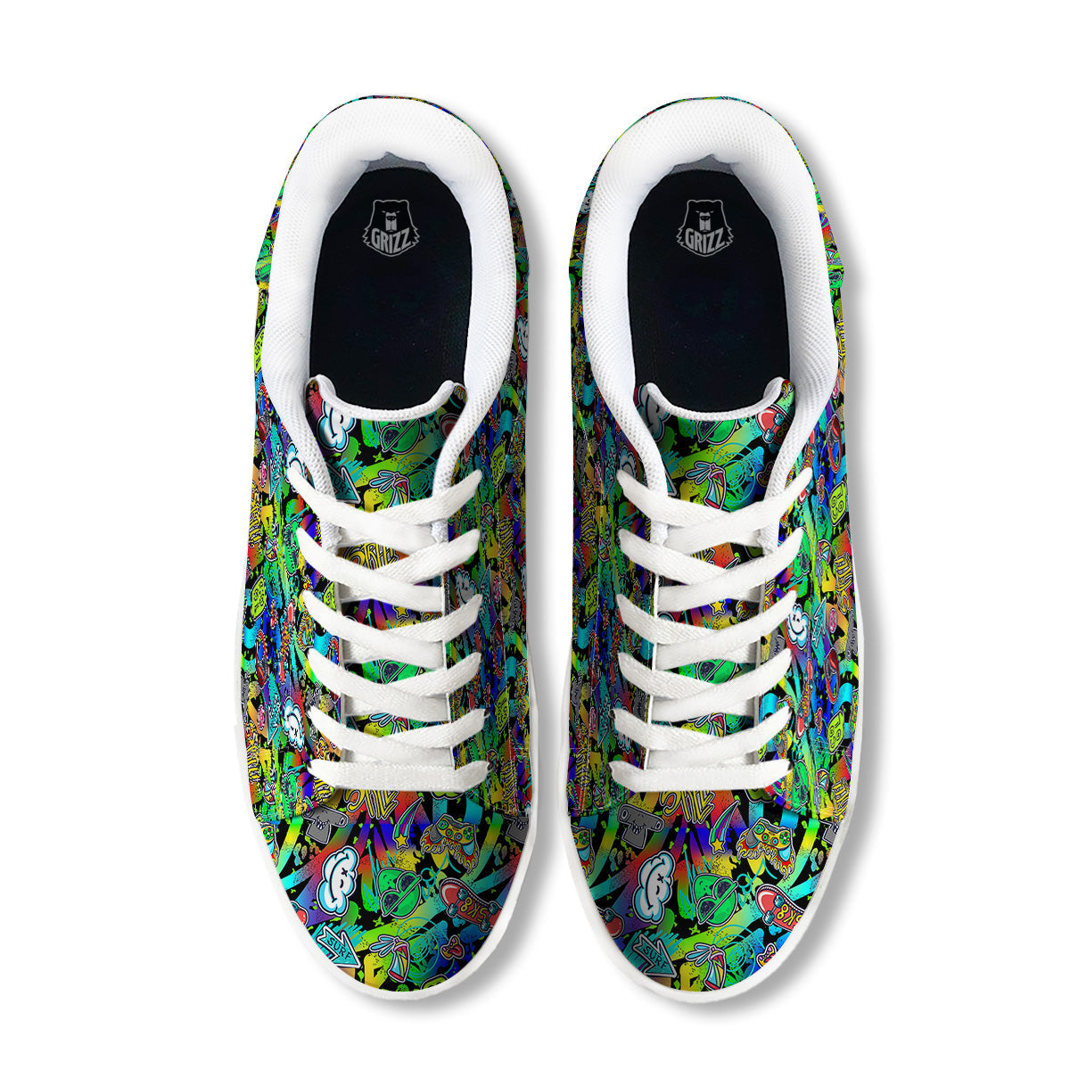 Abstract Alien Graffiti Text Print Pattern White Low Top Sneakers-grizzshop