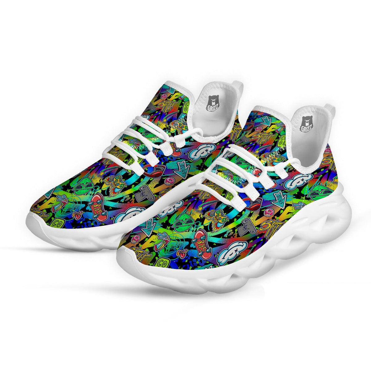 Abstract Alien Graffiti Text Print Pattern White Running Shoes-grizzshop
