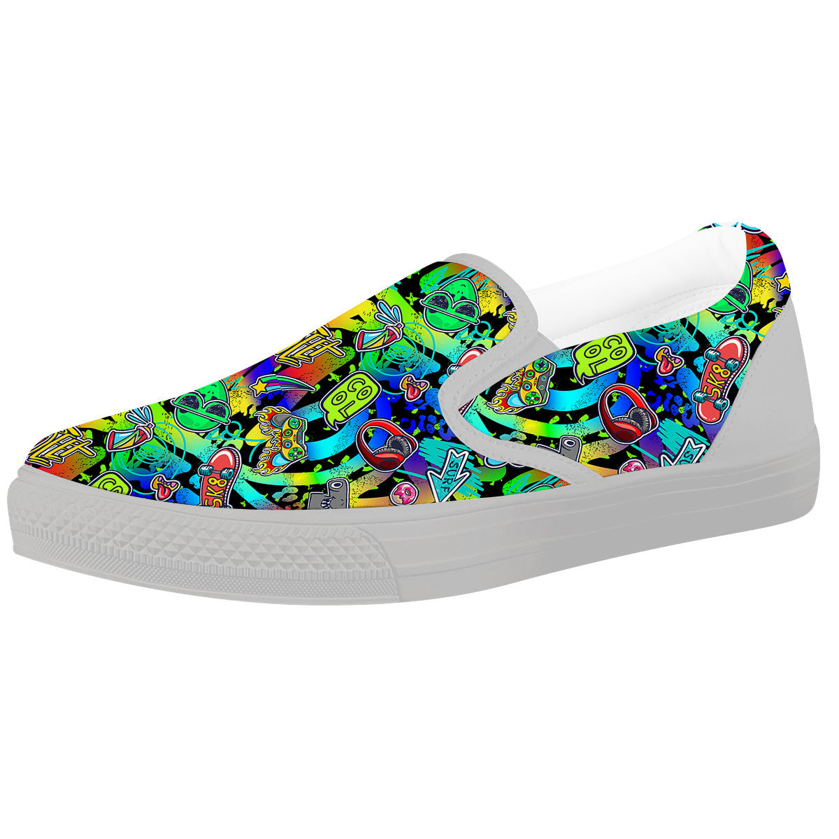 Abstract Alien Graffiti Text Print Pattern White Slip On Shoes-grizzshop