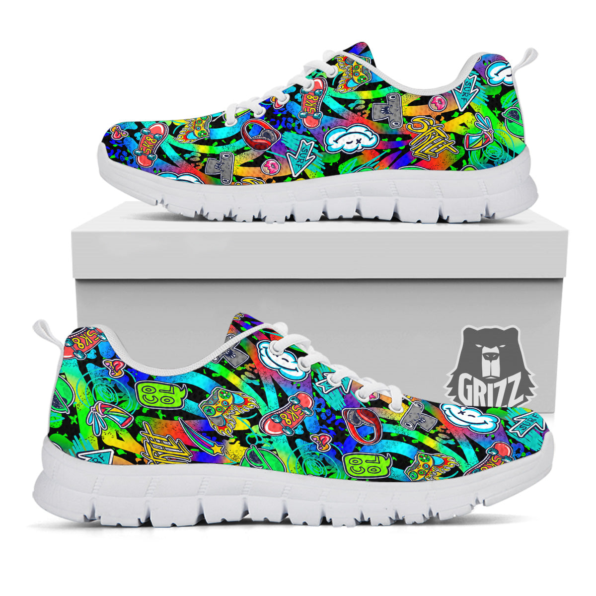 Abstract Alien Graffiti Text Print Pattern White Sneaker-grizzshop