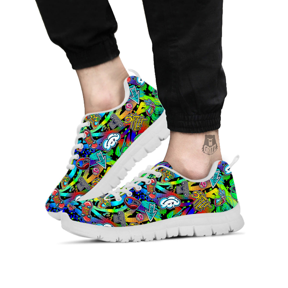 Abstract Alien Graffiti Text Print Pattern White Sneaker-grizzshop