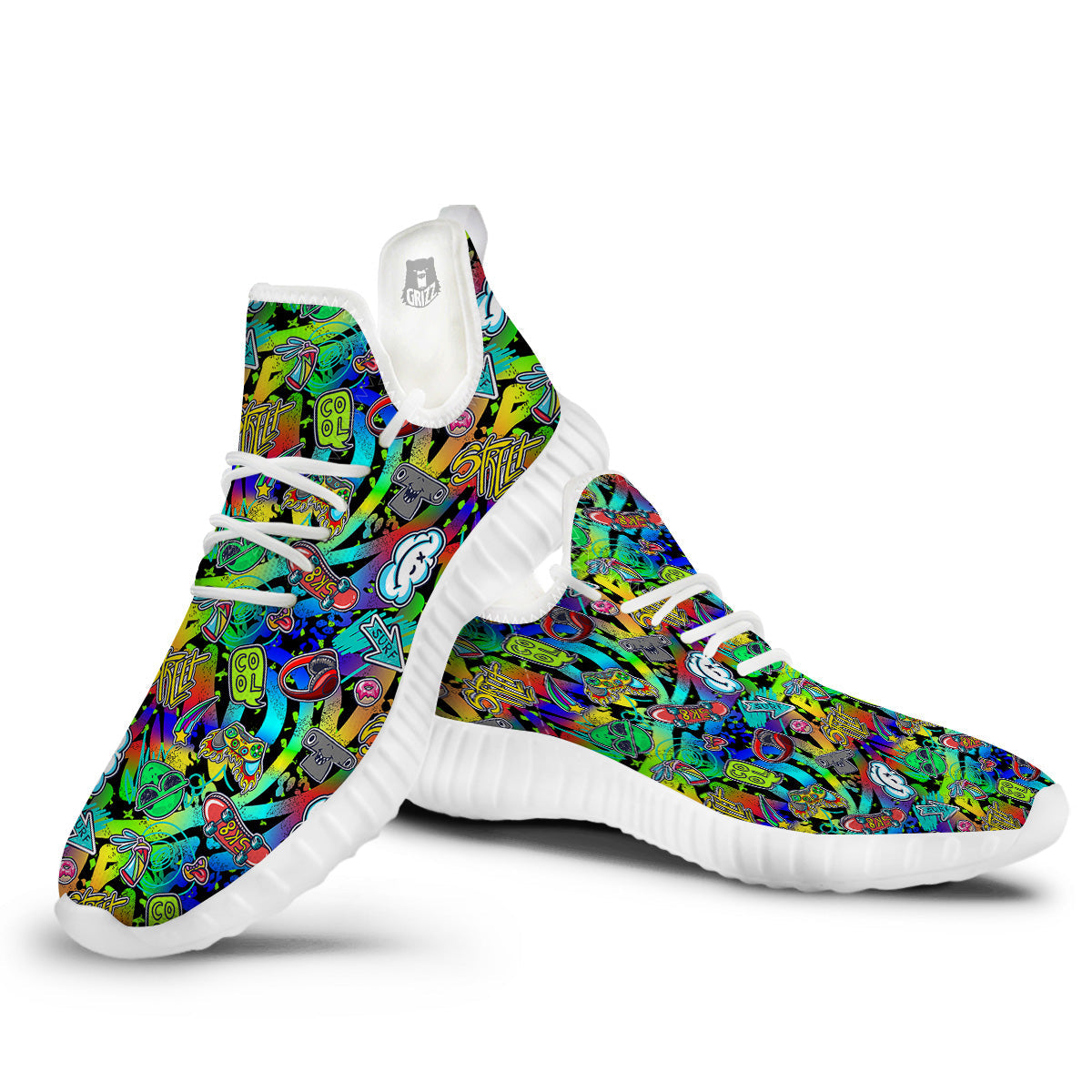 Abstract Alien Graffiti Text Print Pattern White Walking Shoes-grizzshop