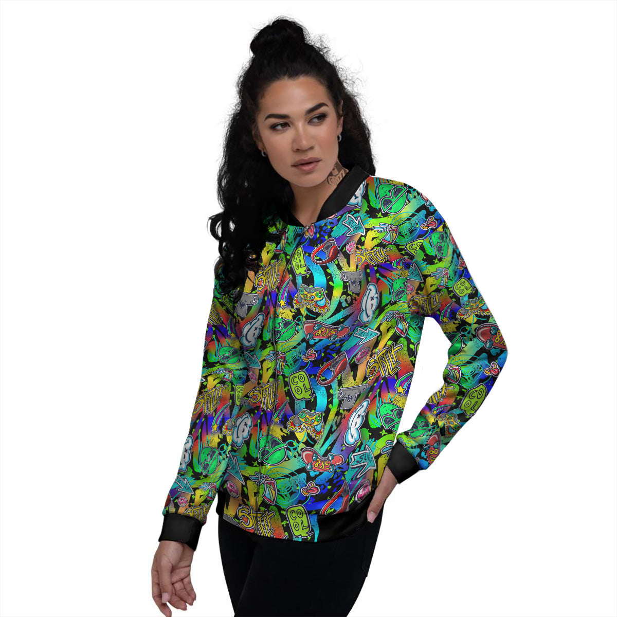 Abstract Alien Graffiti Text Print Pattern Women's Bomber Jacket-grizzshop