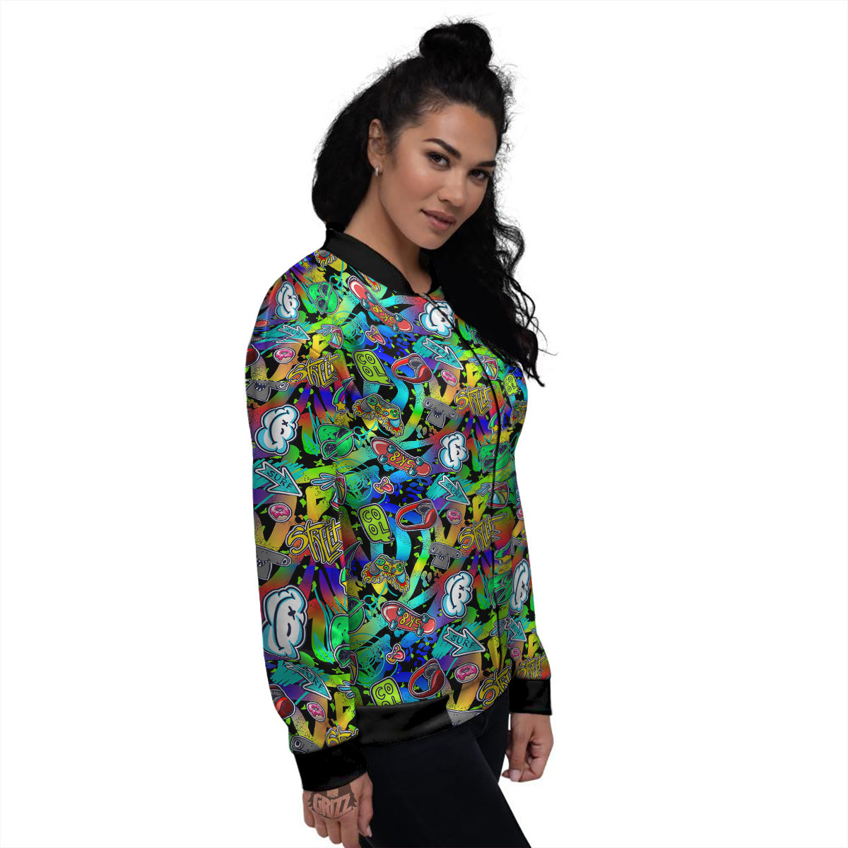 Abstract Alien Graffiti Text Print Pattern Women's Bomber Jacket-grizzshop