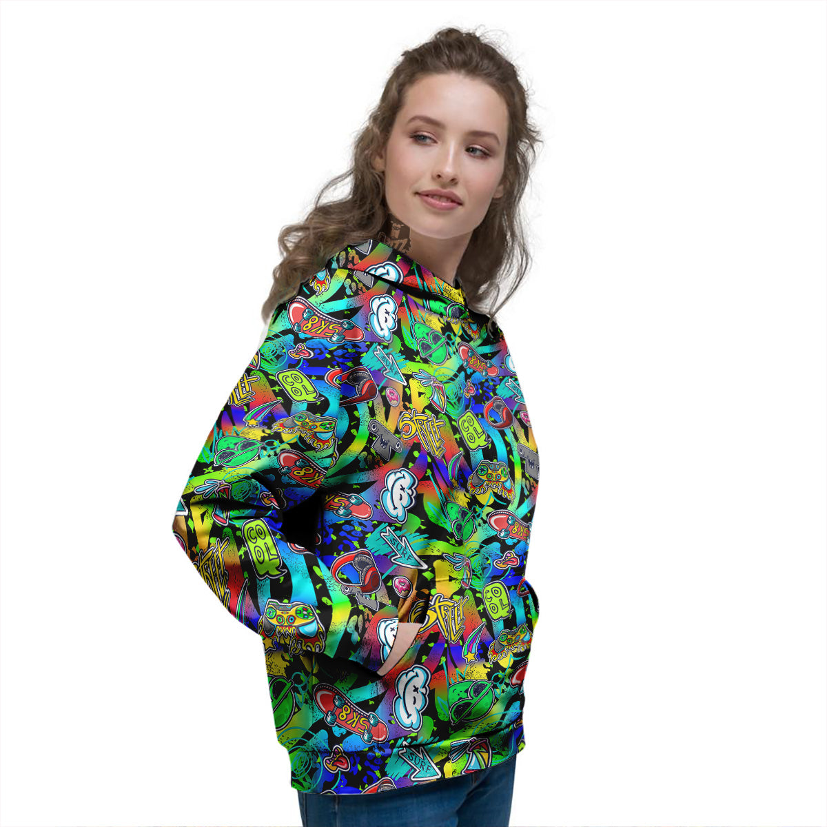 Abstract Alien Graffiti Text Print Pattern Women's Hoodie-grizzshop