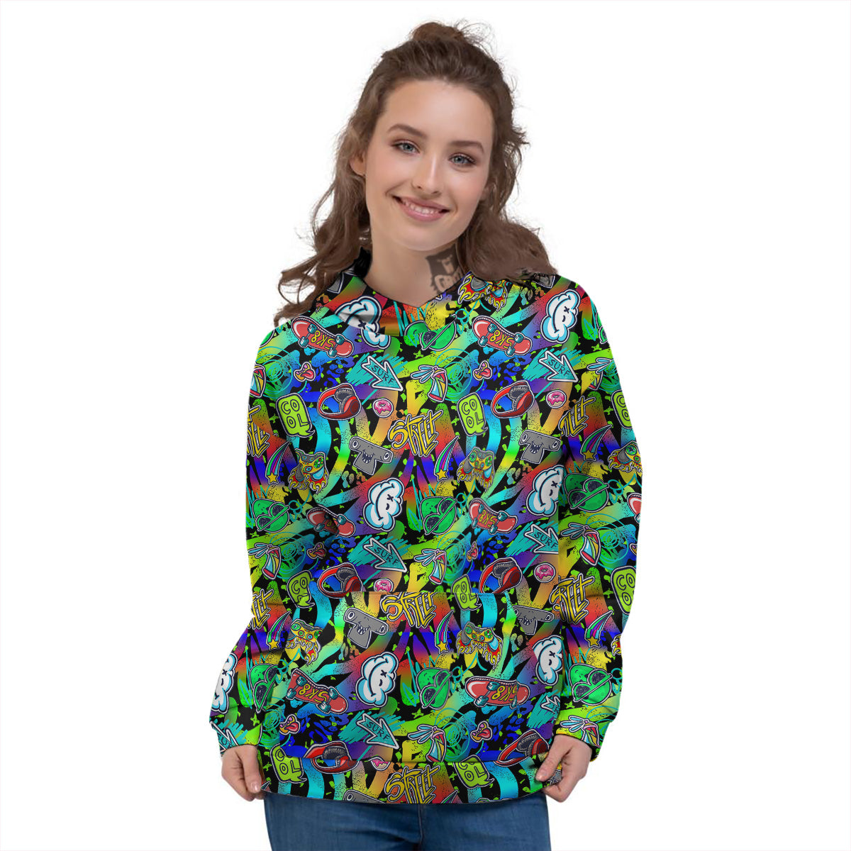 Abstract Alien Graffiti Text Print Pattern Women's Hoodie-grizzshop