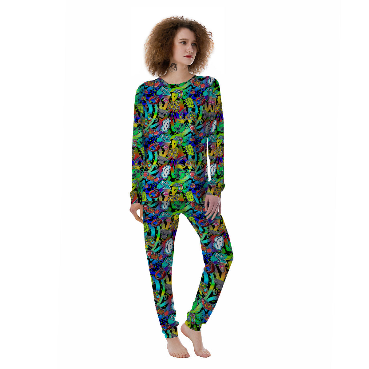 Abstract Alien Graffiti Text Print Pattern Women's Pajamas-grizzshop