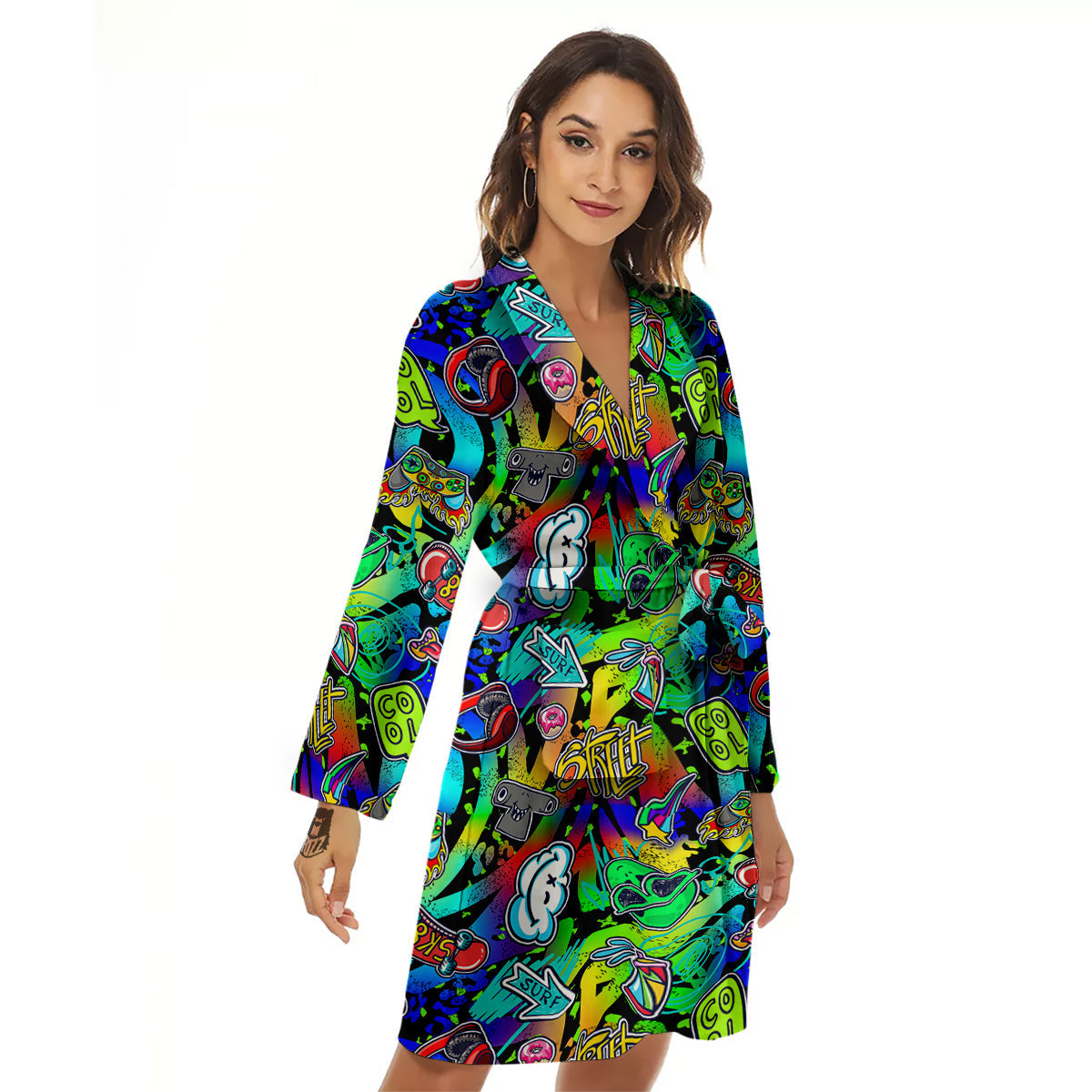 Abstract Alien Graffiti Text Print Pattern Women's Robe-grizzshop