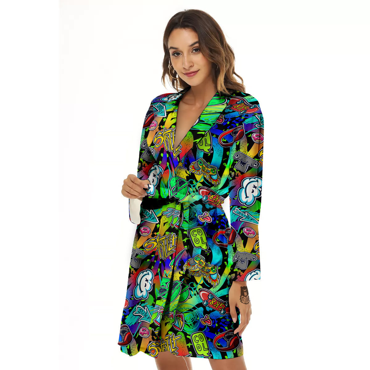 Abstract Alien Graffiti Text Print Pattern Women's Robe-grizzshop