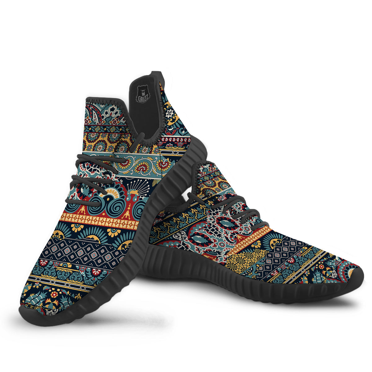 Abstract Arabian Paisley Print Black Walking Shoes-grizzshop