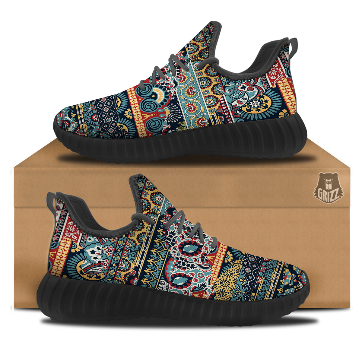 Abstract Arabian Paisley Print Black Walking Shoes-grizzshop