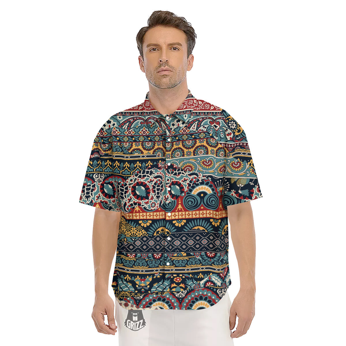 Abstract Arabian Paisley Print Men's Short Sleeve Shirts-grizzshop