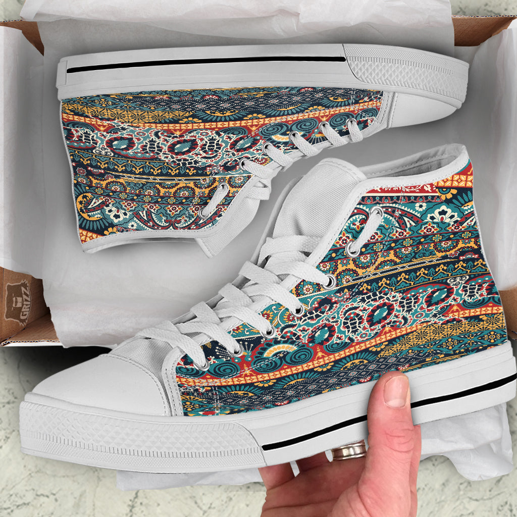Abstract Arabian Paisley Print White High Top Shoes-grizzshop