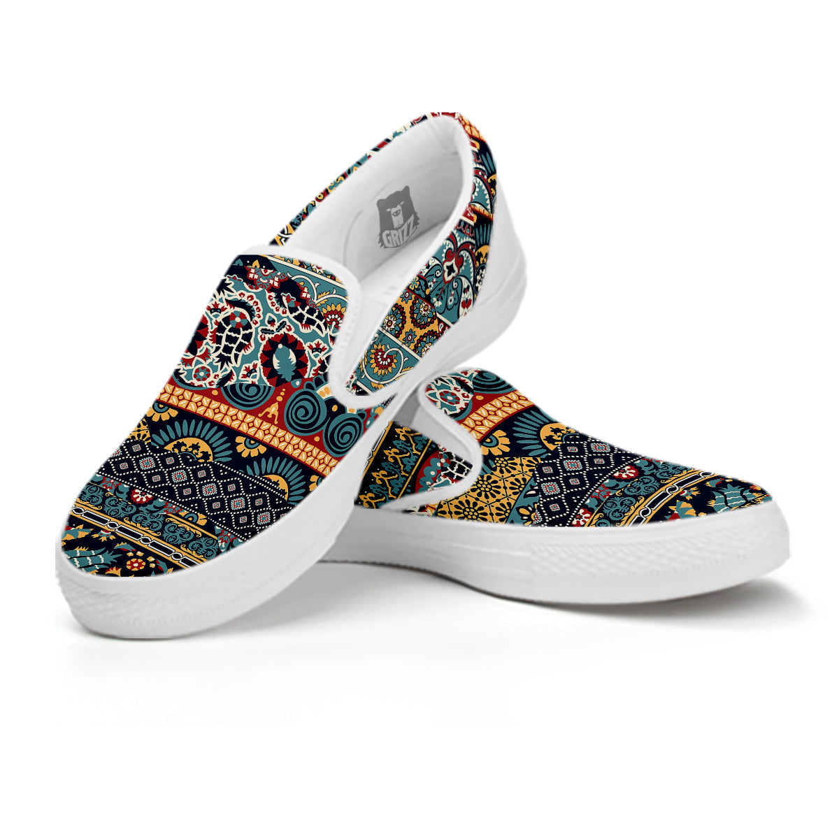 Abstract Arabian Paisley Print White Slip On Shoes-grizzshop
