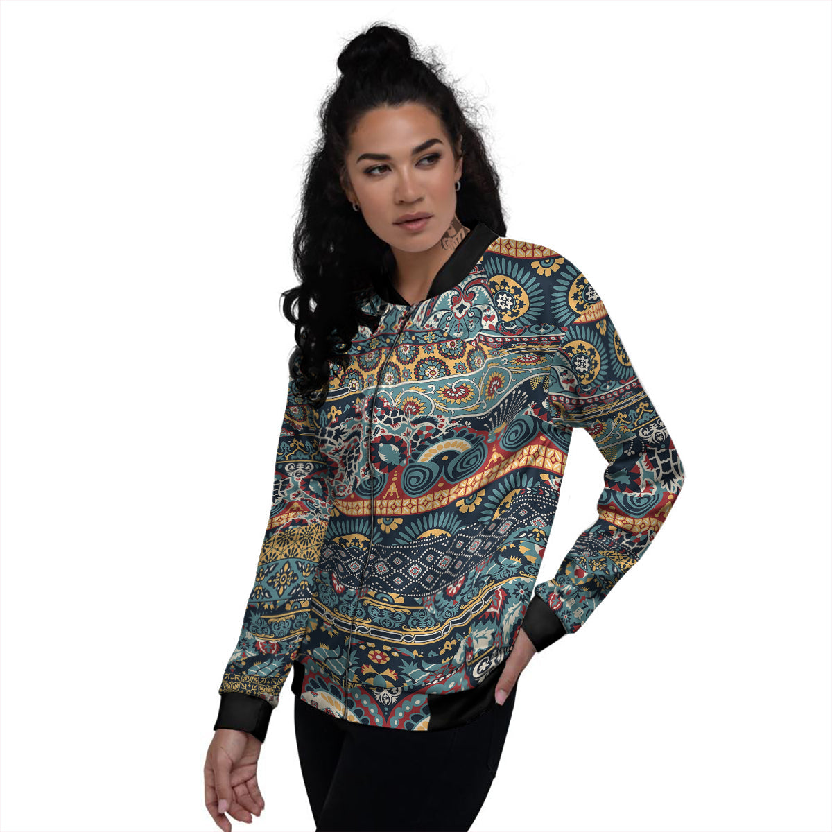 Abstract Arabian Paisley Print Women's Bomber Jacket-grizzshop